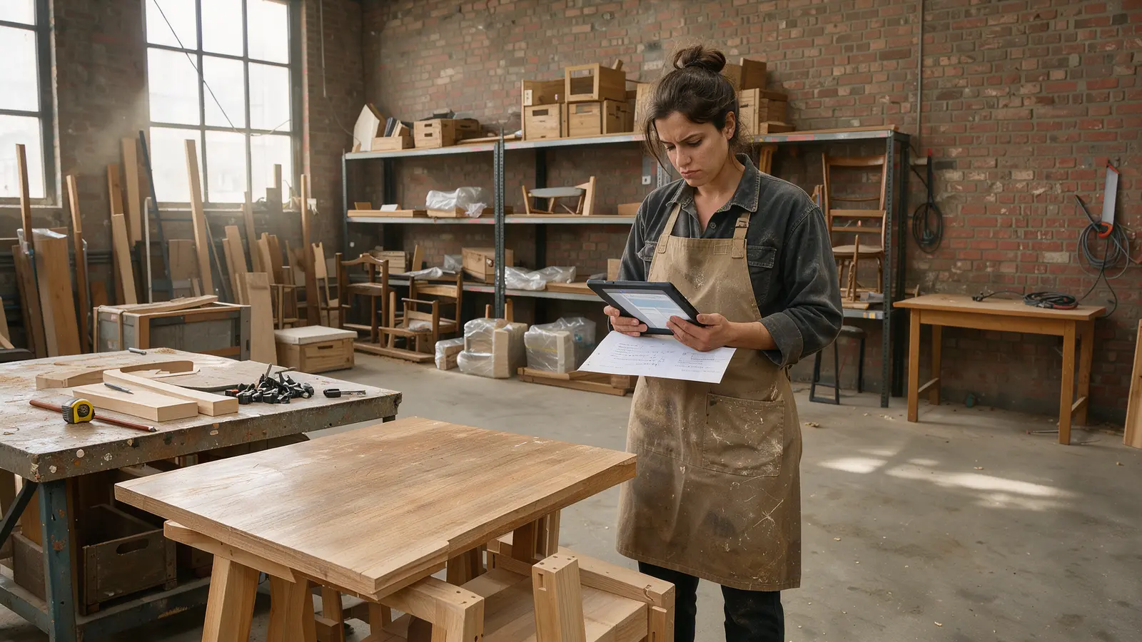 Mujer revisa pedidos en una tableta en un taller de muebles de Poblenou