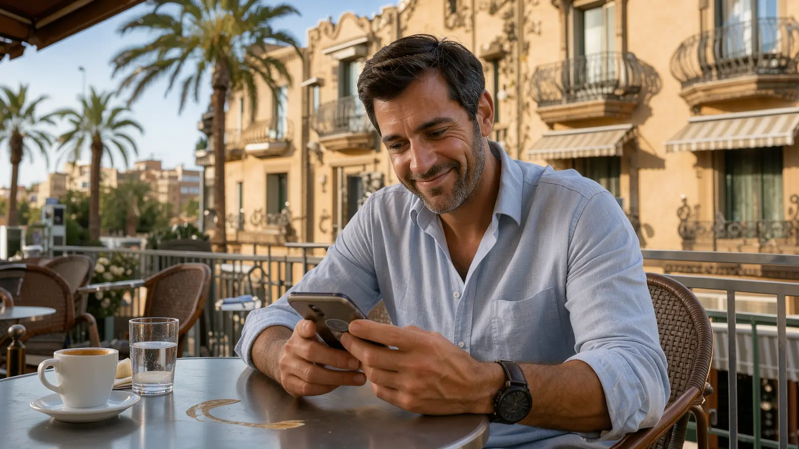 Dueño de un hotel consulta su web desde el móvil en una terraza de Barcelona