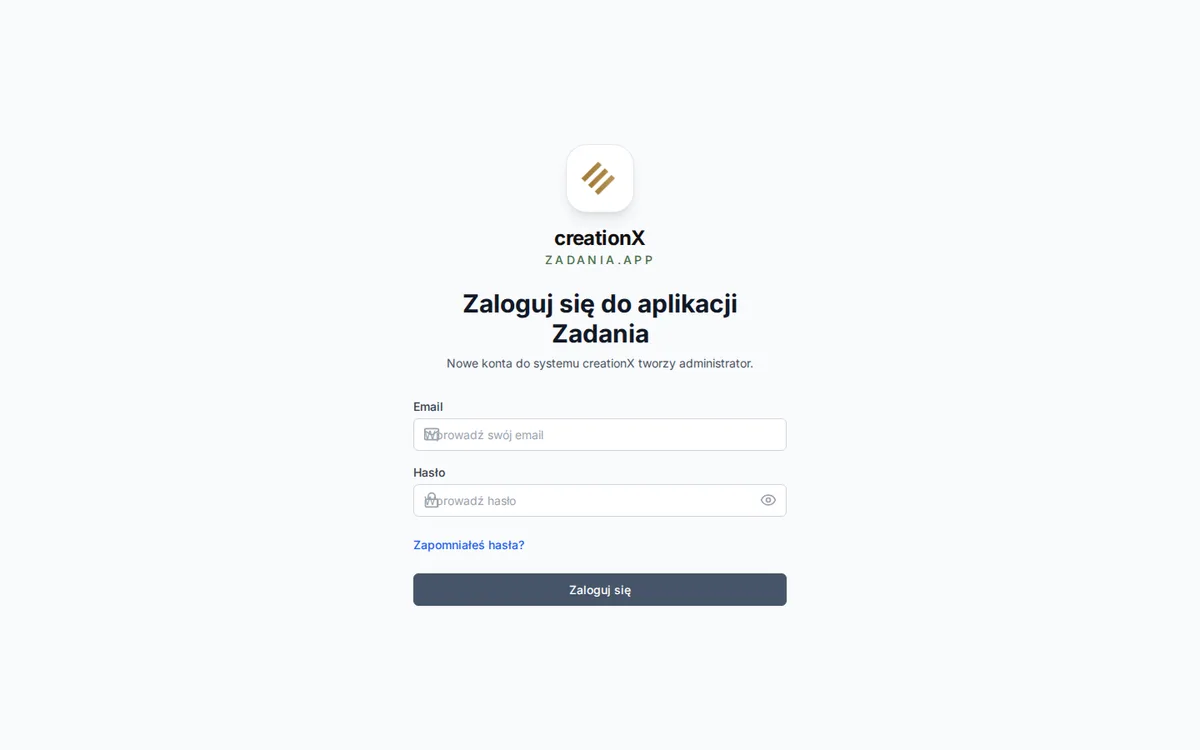 Pantalla de acceso de la aplicación Zadania