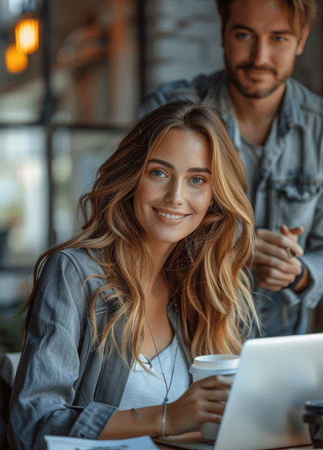 CREATIONX - Equipo diseñando un sitio web, mujer trabajando con un portátil, hombre apoyándola