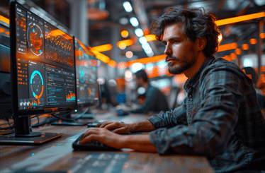 Un analista de datos concentrado trabajando en un ordenador con varias pantallas que muestran gráficos y datos complejos en un entorno de oficina moderno iluminado con luces de tonos naranjas. El ambiente es dinámico y profesional, con otros colegas trabajando en el fondo. El analista está inmerso en su tarea, mostrando dedicación y enfoque en la pantalla, lo que refleja la intensidad y la precisión necesarias en el análisis de datos para la toma de decisiones estratégicas.