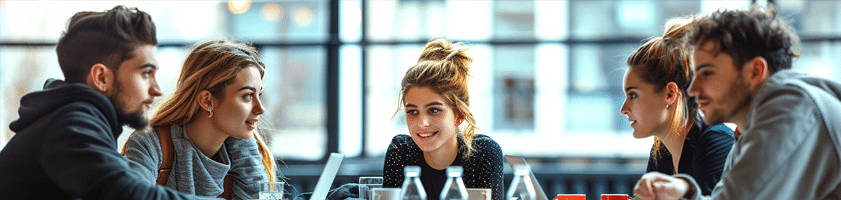 Un grupo de jóvenes profesionales del marketing se reúne alrededor de una mesa en una oficina moderna y bien iluminada. Están inmersos en una discusión animada, intercambiando ideas y colaborando en un proyecto. Los rostros de los miembros del equipo muestran concentración y entusiasmo, reflejando un ambiente de trabajo dinámico y colaborativo. En la mesa hay varios elementos como botellas de agua y portátiles, indicando una sesión de trabajo intensiva. La escena captura el espíritu de creatividad y cooperación que caracteriza a los equipos de marketing exitosos en un entorno contemporáneo.